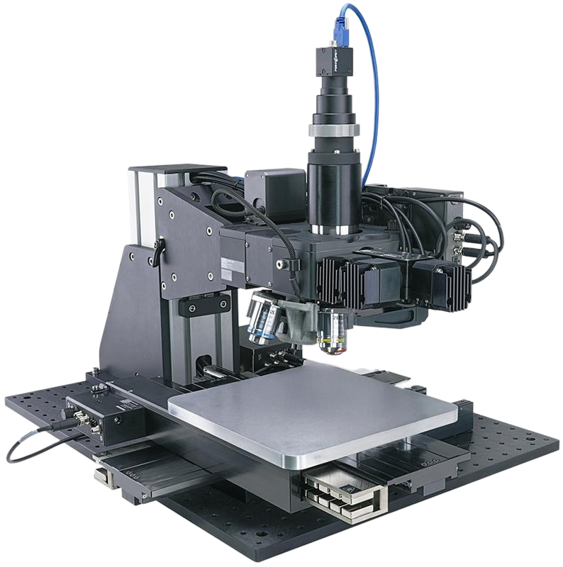 Ensorcell Cellular Focus custom microscope imaging system designed for advanced microscopy and life sciences research, featuring precision motorized stages, optical lenses, and an automated sample platform.