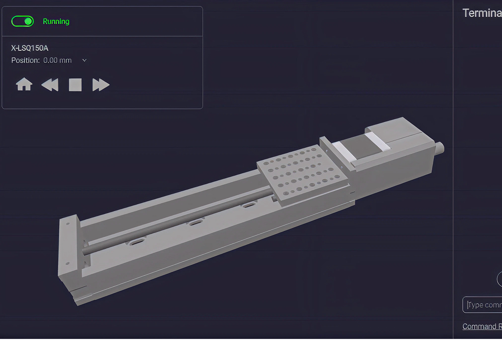 Ensorcell Cellular Focus custom microscope imaging system component showing a precision motorized linear stage used for microscopy applications, with an interface displaying real-time position and control settings.