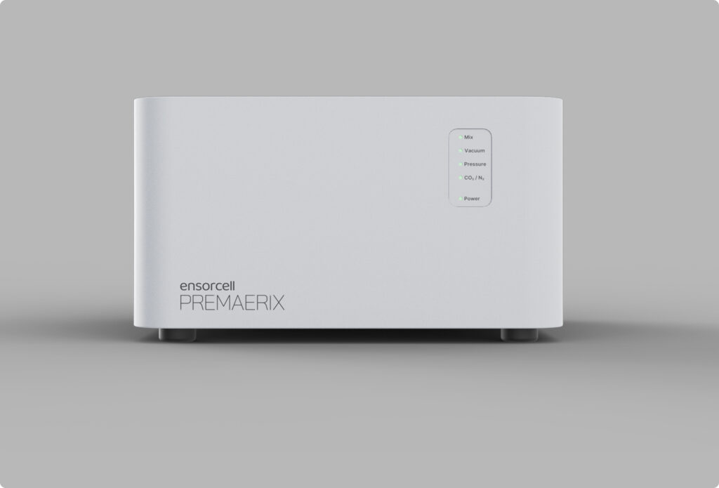 Ensorcell Premaerix laboratory gas mixer front view with illuminated status indicators for mix, vacuum, and pressure control used in medical lab instruments and gas mixing equipment.