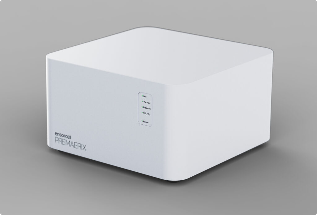 Ensorcell Premaerix laboratory gas mixer with indicator lights for mix, vacuum, and pressure control used in medical lab instruments and precision gas mixing equipment.
