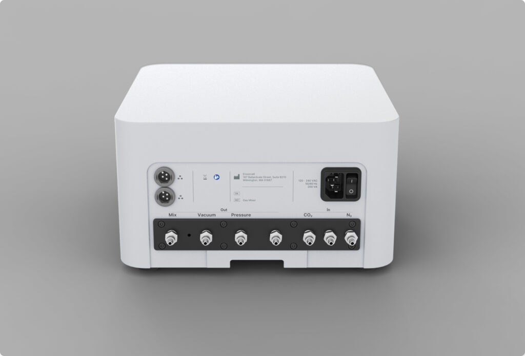 Ensorcell Premaerix laboratory gas mixer front view showing gas and vacuum ports for precise gas mixing equipment used in medical lab instruments and life science research.