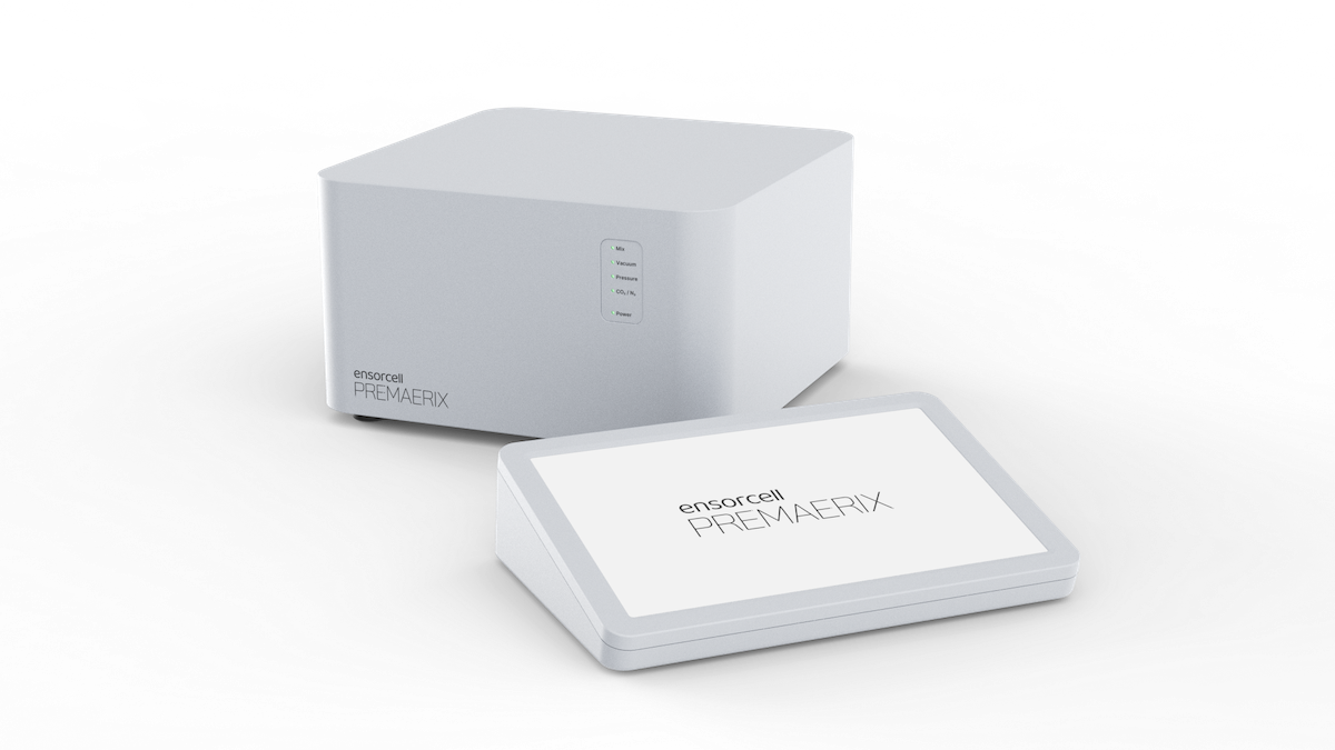 An Ensorcell Premaerix laboratory gas mixer with touchscreen controller designed for medical lab instruments and precision gas mixing in life science applications sits on a transparent background.