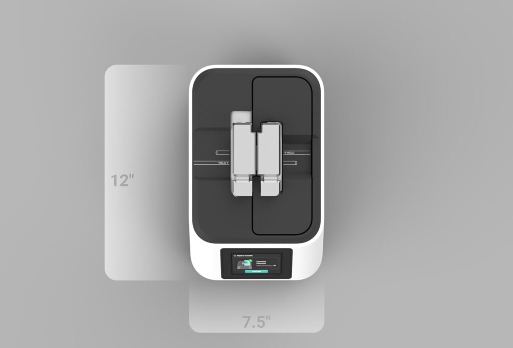 Top view of the Ensorcell VersaWeld sterile tube welder showing compact 12 by 7.5 inch design for bioprocessing and aseptic tube welding applications.