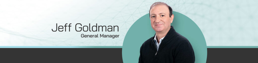 Jeff Goldman, General Manager of Ensorcell is named and his image sits on top of a teal circle, exemplifying the Ensorcell colors